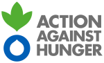Logo of Action Against Hunger featuring a design with a green plant sprout above a blue circle resembling a drop of water. The words ACTION AGAINST HUNGER are in bold gray letters to the right of the design.