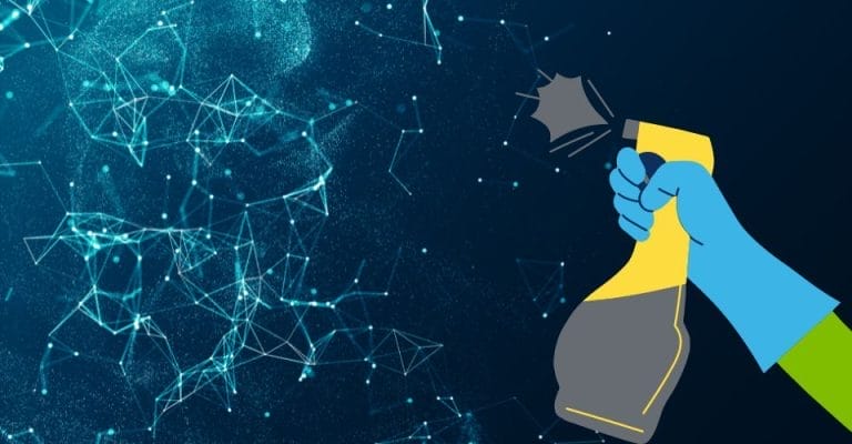 Illustration of a gloved hand holding a spray bottle, spraying a digital-looking mesh of interconnected lines and nodes on a dark background, symbolizing cleaning or disrupting digital networks.