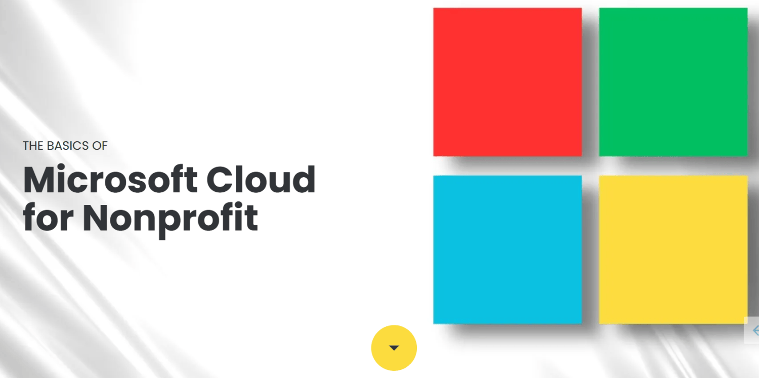 Text reads “The basics of Microsoft Cloud for Nonprofit” next to four colored squares (red, green, blue, yellow) arranged in a 2x2 grid, resembling the Microsoft logo, on a white background.