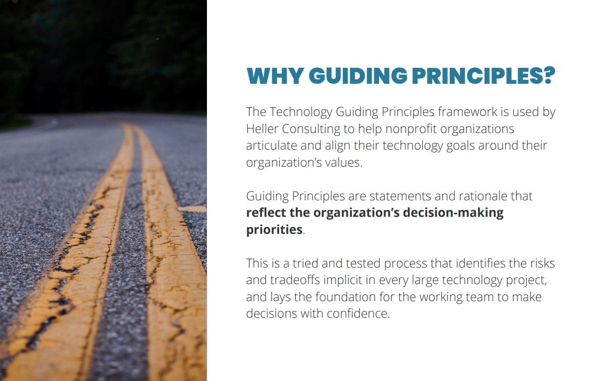 A close-up of a yellow double line on an empty road appears on the left. On the right, text highlights guiding principles from the Technology Guiding Principals workbook for nonprofits, outlining decision-making priorities and confidence in technology projects.