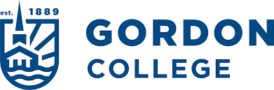 Gordon College logo featuring a shield with a church steeple, trees, waves, and est. 1889 to the left of the bold blue text GORDON COLLEGE on a white background.