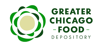 Logo of the Greater Chicago Food Depository featuring a green and beige abstract design next to the organization’s name in bold, green letters.