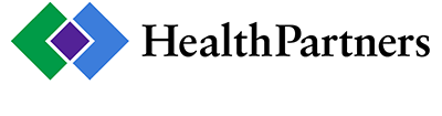 HealthPartners logo featuring two overlapping diamond shapes, one green and one blue, with a smaller purple diamond in the center, next to the words HealthPartners in black text.