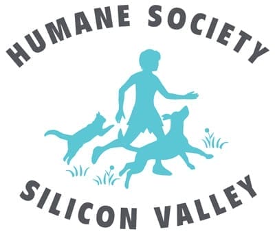 Logo for Humane Society Silicon Valley showing a silhouette of a person running with a dog and a cat, surrounded by grass, with the organization’s name curved above and below.