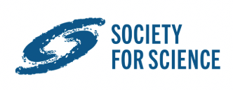 Society for Science logo featuring a blue stylized swirl or galaxy shape to the left of the words Society for Science in bold blue uppercase letters.