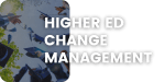 Graduates throw caps in the air on the left; bold white text over the image reads, HIGHER ED CHANGE MANAGEMENT. The background is mostly white with a rounded corner image inset.