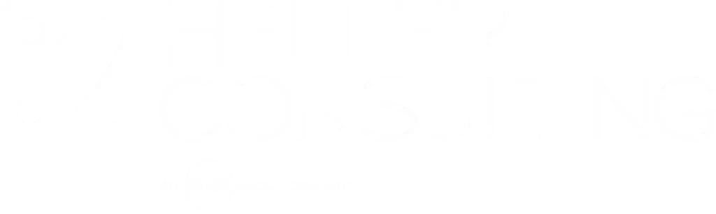 White logo for Heller Consulting, featuring a square icon with four dots and a swoosh shape, followed by the words Heller Consulting.