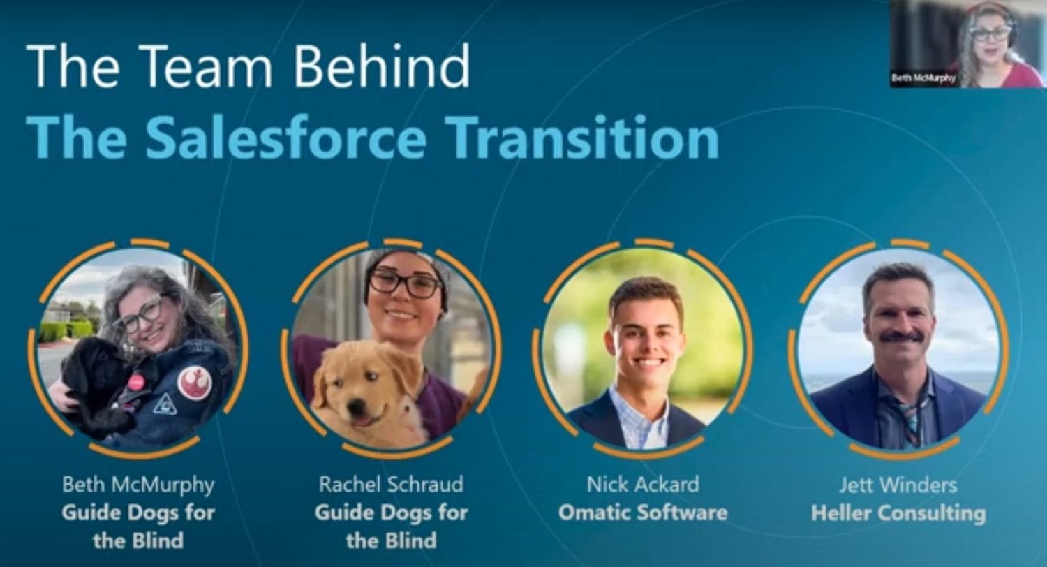 A slide titled The Team Behind The Salesforce Transition highlights experts in salesforce data migration best practices with Omatic and Heller Consulting, featuring photos and names of Beth McMurphy, Rachel Schraud, Nick Ackard, and Jett Winders.