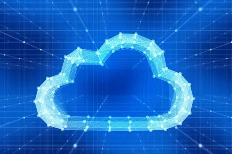 A digital illustration of a cloud icon made of connected glowing nodes and lines, set against a blue background with a grid and light rays, symbolizing cloud computing technology like Salesforce for Nonprofits.