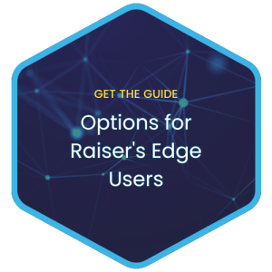 A hexagon-shaped graphic with a blue border and dark background, featuring the text: GET THE GUIDE Options for Raisers Edge Users in white and yellow fonts. Connected blue dots form a network pattern in the background.