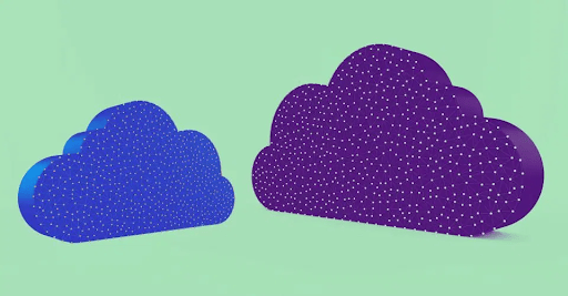 Two 3D cloud shapes, one blue and one purple, with white dots covering their surfaces, are shown on a light green background—perfect for representing Salesforce for Nonprofits in a modern, dynamic style.