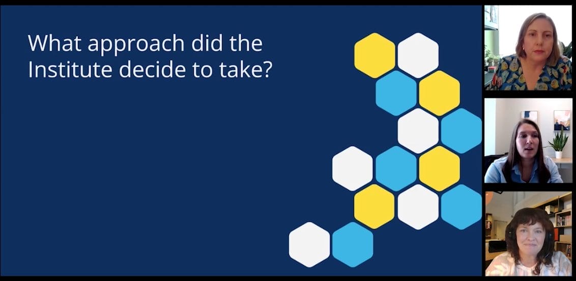 A presentation slide reads What approach did the Institute decide to take? with a honeycomb pattern on the right. Three women appear in video call windows, discussing how Raisers Edge NXT extended with Power BI tools shaped their strategy.