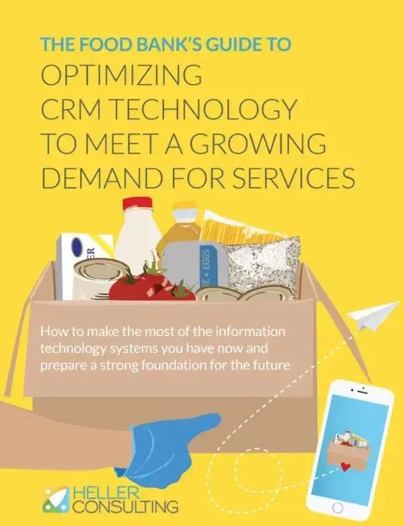 An illustrated guide cover shows a gloved hand holding a box of food items and toiletries. The title reads, Optimizing CRM Technology to Meet a Growing Demand for Services. Heller Consulting logo is at the bottom.