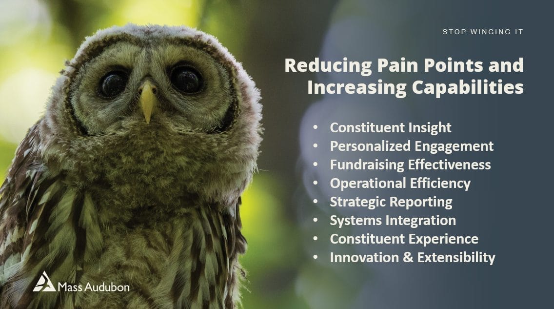 A close-up of an owl with text listing strategies for reducing pain points and increasing capabilities—insight, engagement, efficiency, reporting, integration, experience, and innovation. Plan your CRM wisely on-demand video. Mass Audubon logo is visible.