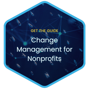 A hexagon-shaped graphic with boats floating on water, blue network lines connecting them, and the text: Get the Guide. Change Management for Nonprofits.