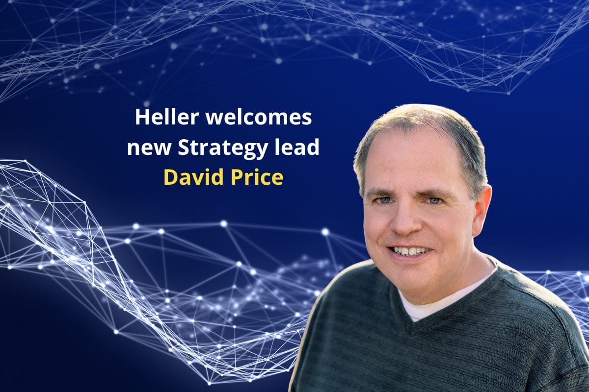 A man, nonprofit expert David Price, is smiling in front of a digital blue background with white network lines. Text reads: Heller welcomes new Strategy lead David Price.