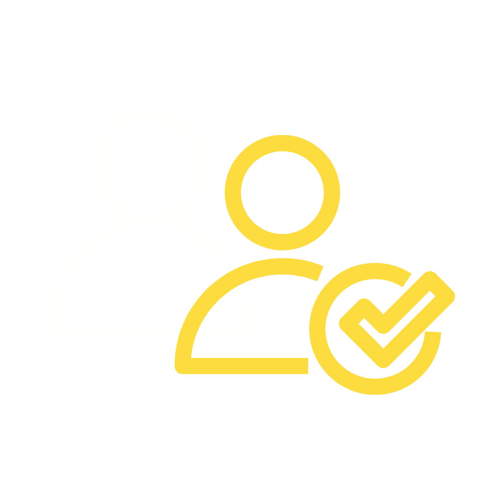 Two user icons represent nonprofit identity resolution: one in yellow outlined in front with a yellow checkmark, and one in light gray outline behind, on a light gray background—perfect for Heller Consulting Donor Data Hub visuals.