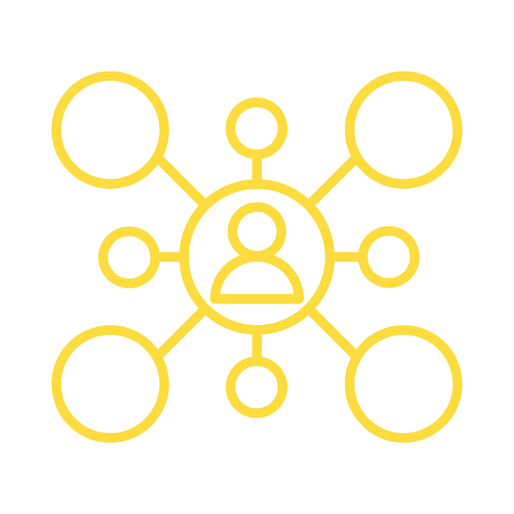 A yellow line drawing of a person inside a central circle, connected by lines to six surrounding empty circles, represents the Heller Consulting Donor Data Hub for nonprofit identity resolution on a light background.