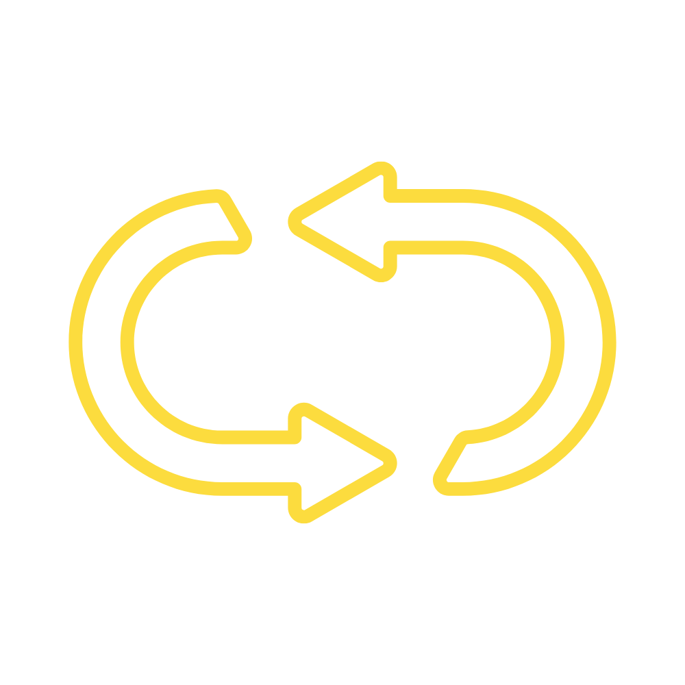 A yellow outline of two curved arrows forming a continuous loop, symbolizing the Heller Consulting Donor Data Hub for nonprofit identity resolution, on a light gray background.