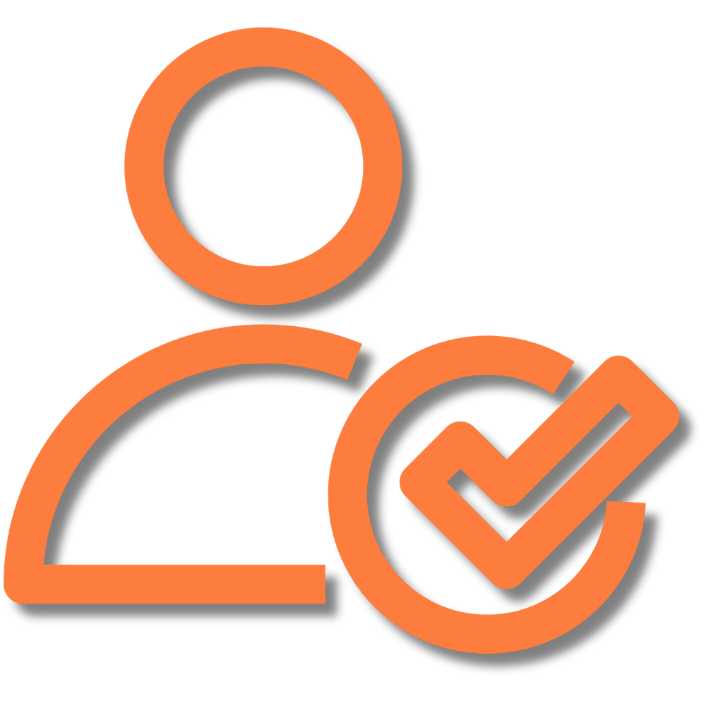 An orange outline of a person with a large checkmark inside a circle overlapping the lower right side, symbolizing user verification or approved account status, as seen in Heller Consulting Donor Data Hub for nonprofit identity resolution.